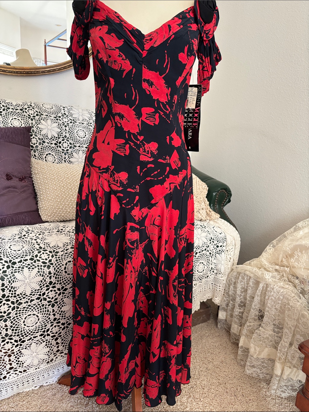 Vintage 80s Black Maxi Dress With Red Floral Print And Lace Up Back Ooh La La!
